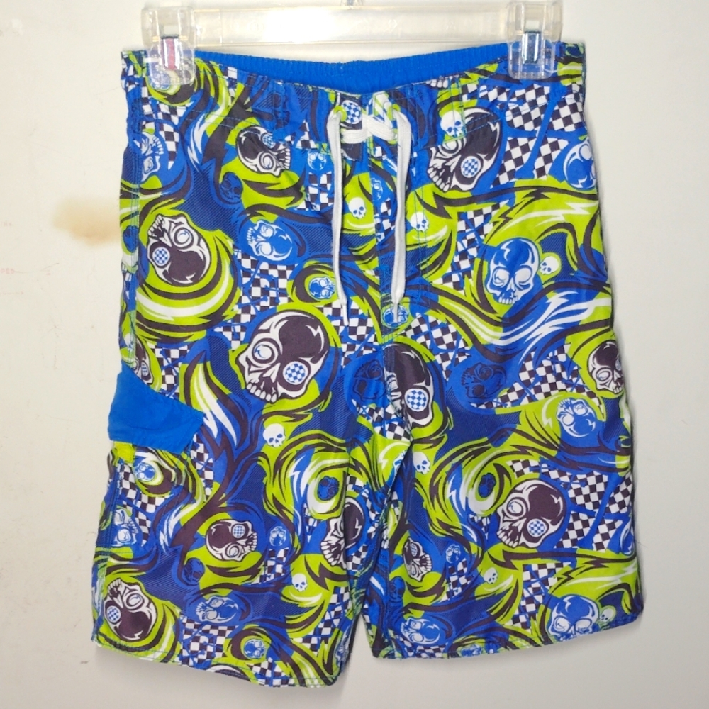 Joe Boxer Kids Swim Trunks Blue/Green ,Tribal Checkered Skull AOP